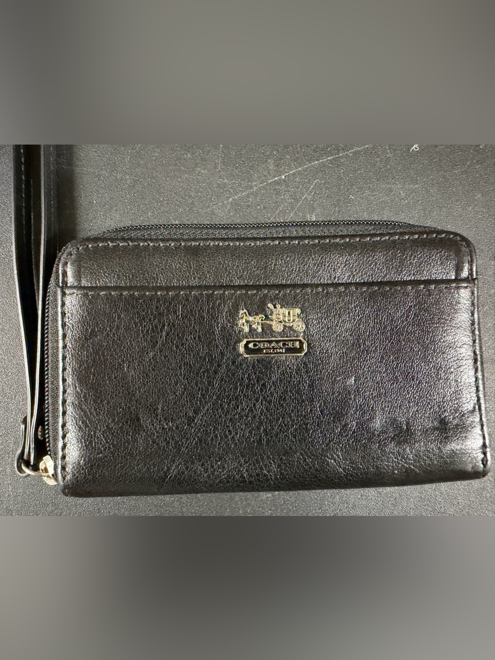 Coach Black Leather Men’s Bifold Wallet with Gold Horse & Carriage Logo
